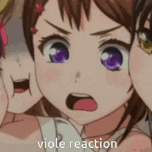 a close up of a girl with purple eyes and the words viole reaction on the bottom
