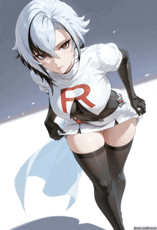 a drawing of a girl with a red r on her shirt