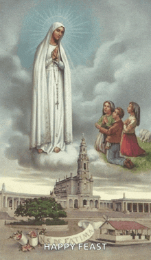 a painting of the virgin mary with the words happy feast below her