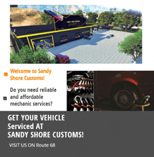 an advertisement for sandy shore customs with a picture of a building and a picture of a car