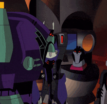 a cartoon drawing of a purple robot with the letter l on its back