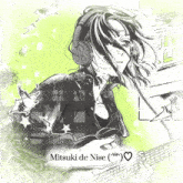 a drawing of a girl wearing headphones and holding a guitar with the name mitsuki de nise below her