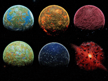 six different colored planets are displayed in a row