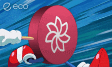 a red circle with a flower on it and the word eco in the corner