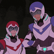 two cartoon characters are standing next to each other and one has a blue helmet on