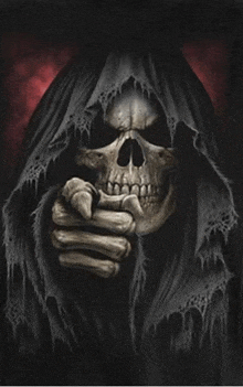 a grim reaper is pointing at the camera with his finger .