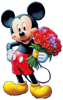 mickey mouse is holding a bouquet of flowers in his hands