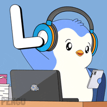 a cartoon penguin wearing headphones is sitting in front of a laptop