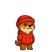 a cartoon otter wearing a red hat and red hoodie