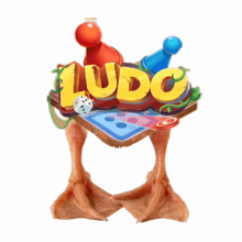 a chicken 's legs are standing on a table with the word ludo on it