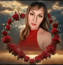 a woman is surrounded by a wreath of red roses .