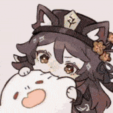 a cartoon girl with cat ears is holding a stuffed animal and eating it .