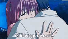 a girl with pink hair is hugging a man with the caption morning babe !!!