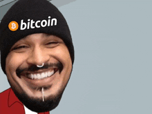a man with a beard wearing a bitcoin hat