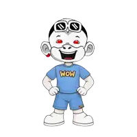 a cartoon character is wearing a blue shirt that says wow