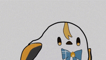 a cartoon bird with a bow tie on its head .