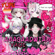 a group of anime characters standing next to each other on a pink background with the words abagadwiab yaoi