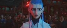 a cartoon character with blue hair is holding a piece of cloth over his head .