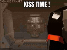 a woman is standing in a room in a video game with the words `` kiss time '' .