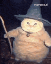 a cat wearing a wizard hat and holding a wand .