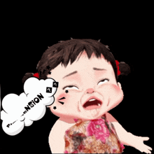 a crying baby with a speech bubble that says ' nsion ' on it