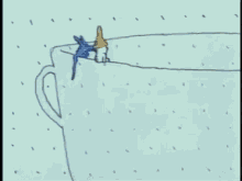 a cartoon drawing of a person in a cup with bubbles around them