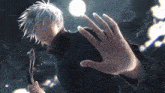a man with gray hair and blue eyes is holding a sword in his hand .