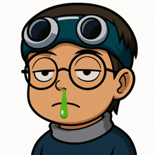 a cartoon of a boy with glasses and a green nose