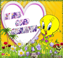 a tweety bird is pointing at a heart with the words ik heb goed geslapen on it
