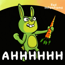 a cartoon of an angry rabbit holding a carrot with the words ahhhh in white letters