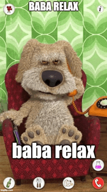 a talking dog is sitting in a red chair talking on a phone
