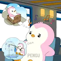 a pink and white penguin with the word pengu on the bottom right