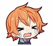 a chibi boy with orange hair is crying with tears coming out of his eyes .