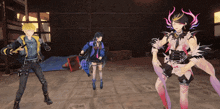 a group of anime characters standing in a warehouse