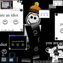 a computer screen with a smiley face and the words " you are an idiot " on it