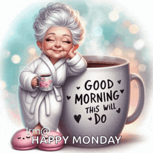 an illustration of an elderly woman holding a cup of coffee with the words good morning this will do written on it