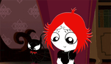 a cartoon character with red hair and a black cat