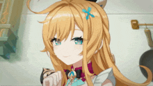 a girl with blonde hair and blue eyes is smiling