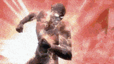 a man in a superhero costume is running with lightning coming from his chest .
