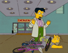 a cartoon character says holy smoke you need booze in front of an emergency room