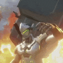 a close up of a robot in a video game standing in front of a building .