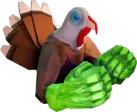 a low poly turkey holding a green hand on a white background
