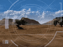 a video game screen shows a robot in the desert with a circle around it that says ' ky ' on it