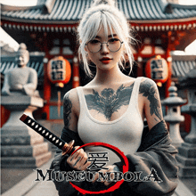a woman with tattoos is holding a sword in front of a building that says museum bola