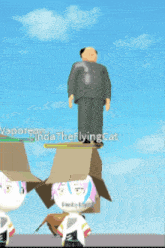 a cartoon of a man standing on top of a cardboard box with the name linda the flying cat on the bottom