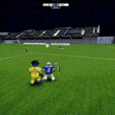 a soccer game is being played with two mascots on the field