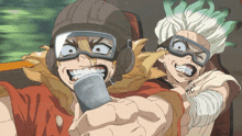 a couple of cartoon characters wearing goggles and a helmet