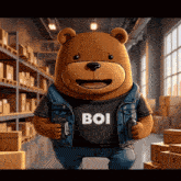 a brown teddy bear wearing a black shirt that says boi