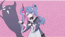 a girl is holding a fan in front of a shadow of a monster .