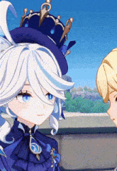 a girl with white hair and blue eyes wearing a blue hat